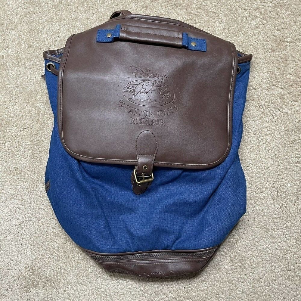 Disney Vacation Club Member Faux Leather Backpack Canvas Tote Bag Blue Brown